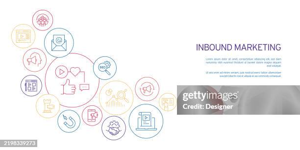 inbound marketing related vector illustration. strategy, customer, internet, advertising, content, creativity, connection, interaction. - consumer insight stock illustrations