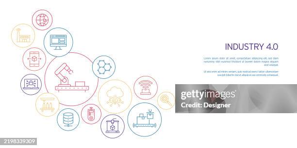 industry 4.0 related vector illustration. technology, innovation, manufacturing, factory, automation, 5g, process, artificial intelligence - computer aided manufacturing stock illustrations