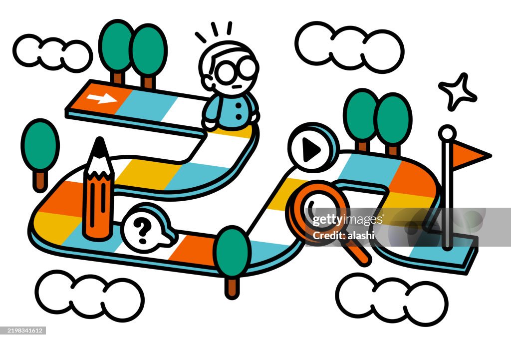 Playful Learning Journey, ein buntes Brettspiel, ein Junge mit Brille bewegt sich auf einem gewundenen Pfad, schwarzen Umrissen und flachen Farben