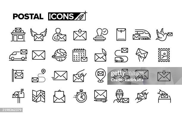 stockillustraties, clipart, cartoons en iconen met postal line icon set. group of object. - postbode
