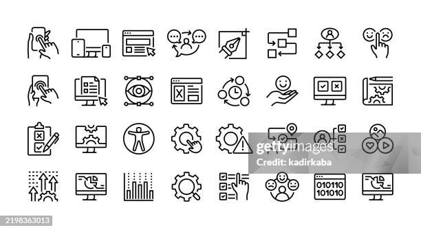 illustrazioni stock, clip art, cartoni animati e icone di tendenza di set di icone della linea dell'esperienza utente. gruppo di oggetti. usabilità, design reattivo, interfaccia, interazione, flusso utente, feedback, soddisfazione. - internet