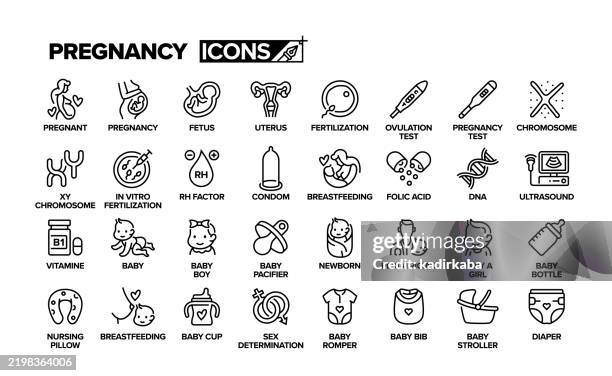schwangerschaftslinie icon set. gruppe von objekten. schwanger, fötus, neugeborenes, chromosom. - fötus menschliche pränatale entwicklung stock-grafiken, -clipart, -cartoons und -symbole