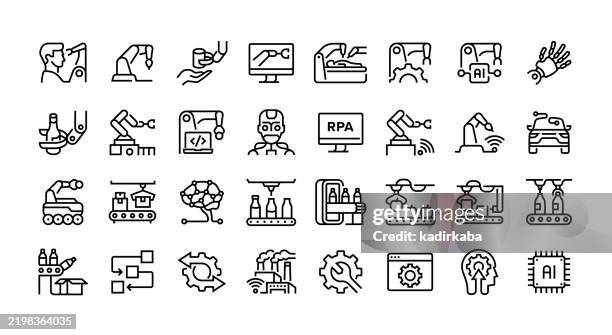 bildbanksillustrationer, clip art samt tecknat material och ikoner med robotization line icon. group of object. robots arm, cobots, automation, product line, machine learning, autonomous system, manufacturing. - robot