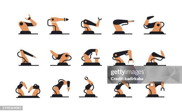 robotic arm icon set. group of object. factory, industry, autonomous, automated, intelligence, machine learning. - autonomous technology stock illustrations