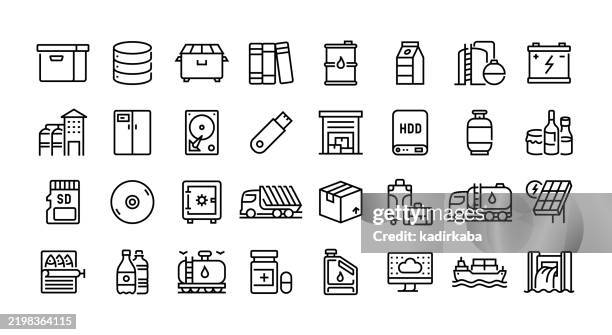 storage line icon set. group of object. storage tank, big data, file folder, oil barrel, milk bottle, battery, silo, refrigerator, hard drive, warehouse. - battery pack stock illustrations