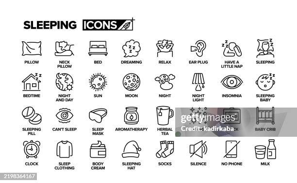 sleeping line icon set. group of object. night, sun, moon, bedtime, bedding, pillow, dreaming, insomnia. - sleeping stock illustrations