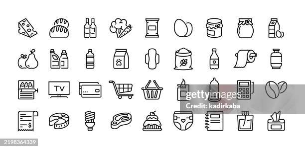 illustrations, cliparts, dessins animés et icônes de ensemble d’icônes de ligne de supermarché. groupe d’objets. pain, lait, œuf, miel, alcool, fromage, détergent, blé, papier toilette, technologie. - marché légumes