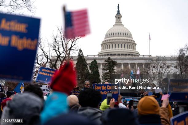 House Minority Leader Rep. Hakeem Jeffries speaks during a "Save the Civil Service" rally hosted by the American Federation of Government Employees...