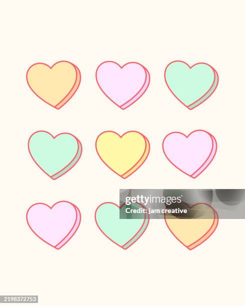 pastel rainbow blank message candy heart icon set - candy heart stock illustrations