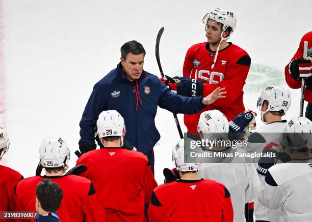 Head coach Mike Sullivan of the United States gives directions to the team at practice during media day ahead of the 2025 NHL 4 Nations Face-Off at...