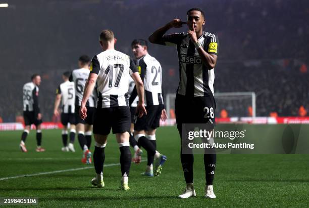 Joe Willock of Newcastle United celebrates scoring his team's third goal during the Emirates FA Cup Fourth Round match between Birmingham City and...