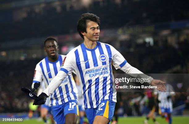 Kaoru Mitoma of Brighton & Hove Albion celebrates scoring his team's second goal during the Emirates FA Cup Fourth Round match between Brighton &...