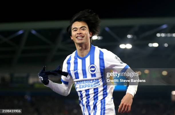 Kaoru Mitoma of Brighton & Hove Albion celebrates scoring his team's second goal during the Emirates FA Cup Fourth Round match between Brighton &...