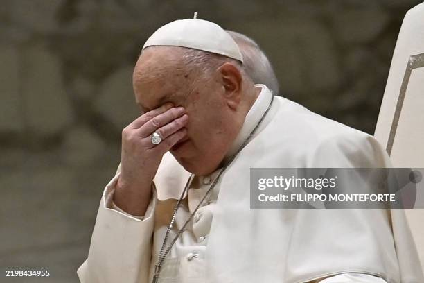 Pope Francis gestures during the weekly general audience on February 12, 2025 at Paul-VI hall in The Vatican.
