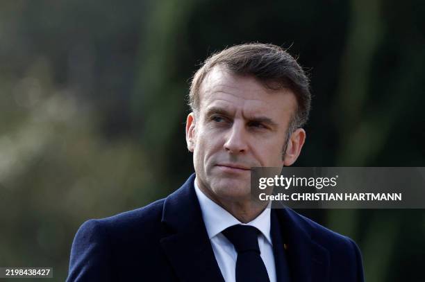 French President Emmanuel Macron attends a ceremony with Indian Prime Minister to remember Indian soldiers killed in WWI at the Mazargues cemetery as...