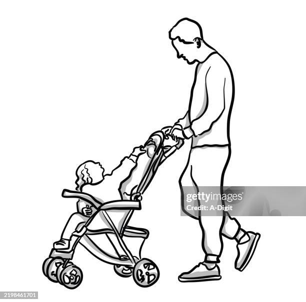 toddleranddadwithstrollersketch - child walking sidewalk stock illustrations