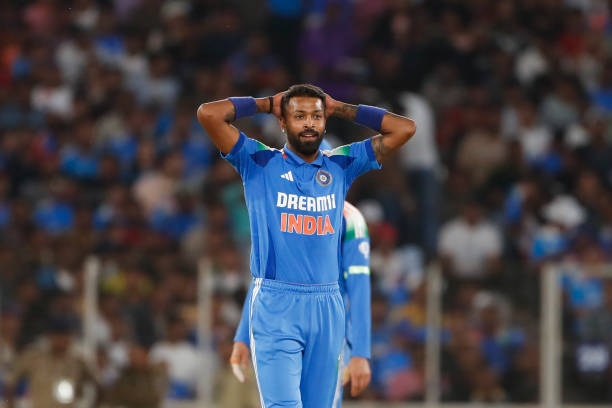 Hardik Pandya of India reacts during the 3rd ODI between India and England at Narendra Modi Stadium on February 12, 2025 in Ahmedabad, India.