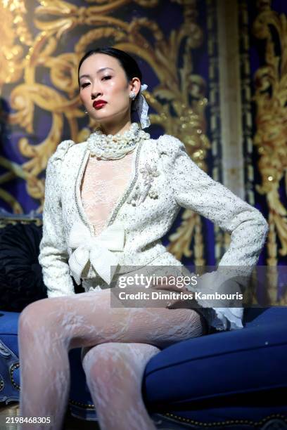 Model poses during the alice + olivia By Stacey Bendet Fall 2025 Presentation at the Highline Stages on February 08, 2025 in New York City.