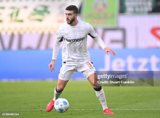 Mario Hermoso of Leverkusen in action during the Bundesliga match between VfL Wolfsburg and Bayer 04 Leverkusen at Volkswagen Arena on February 08,...
