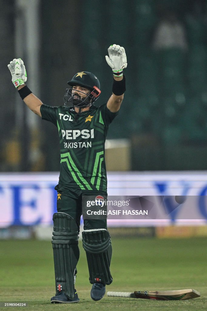 Pakistan Api Rizwa Pakistan's captain Mohammad Rizwan celebrates after scoring a... News ...