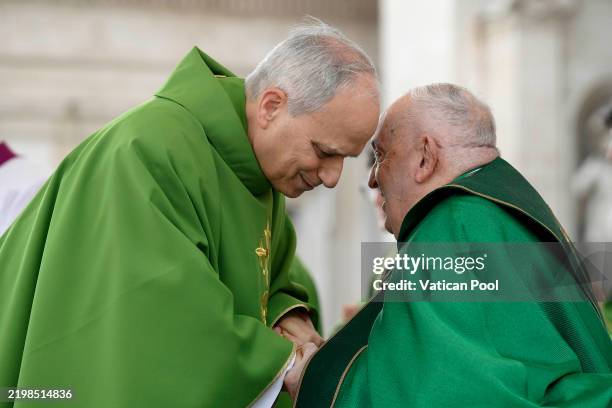 Pope Francis greets USA Cardinal Robert Francis Prevost during the Mass on the Jubilee of The Armed Forces, Police and Security Personnel at St....