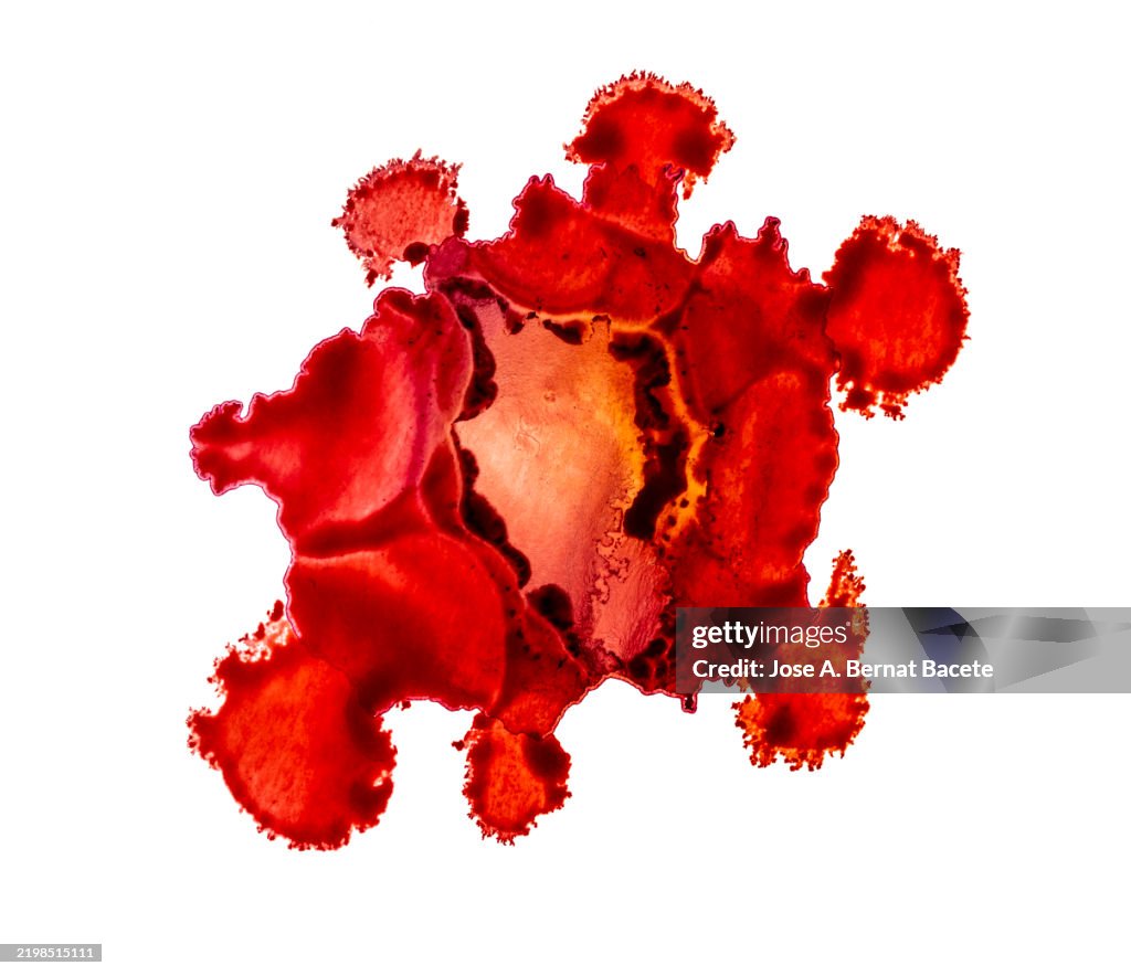 Dried blood stains and splashes on a white surface.