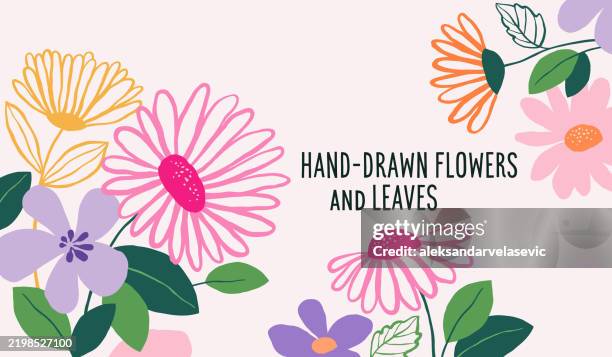 illustrazioni stock, clip art, cartoni animati e icone di tendenza di disegni a mano margherita fiori e foglie sfondo - fiori