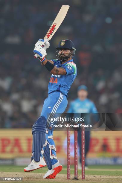 Virat Kohli of India pulls a delivery to the legside during the 2nd ODI match between India and England at Barabati Stadium on February 09, 2025 in...