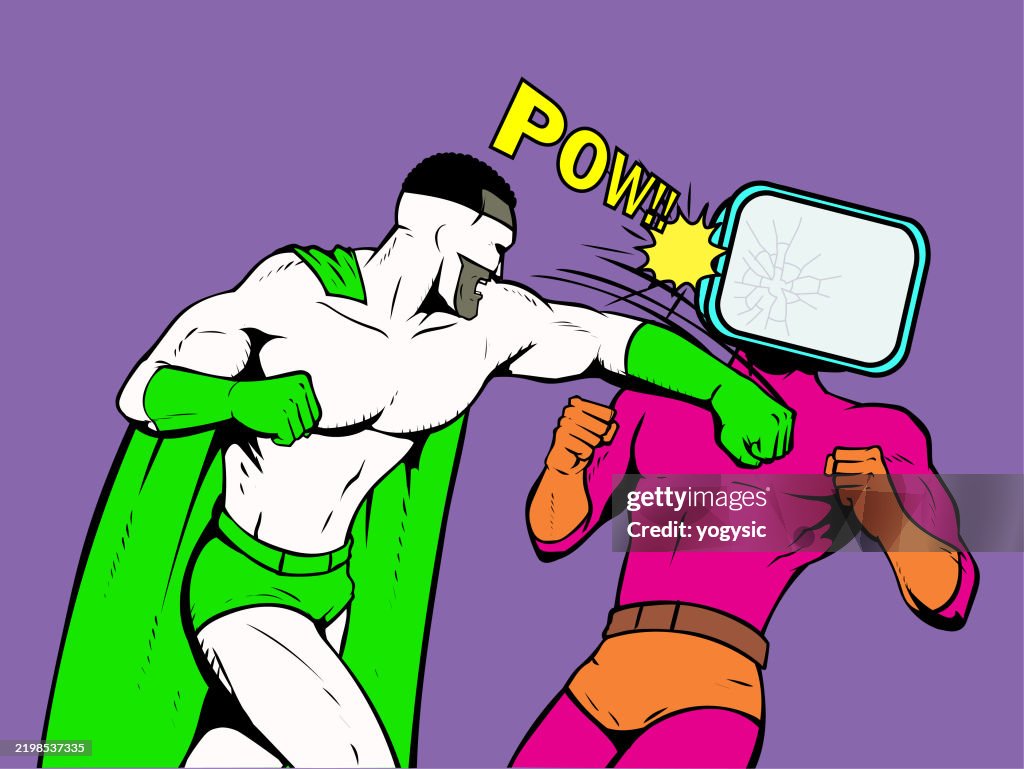 Ilustración de stock de vector retro pop art superhéroe afroamericano golpeando una cabeza de monitor meme enemigo