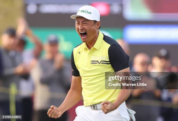 Haotong Li of China celebrates winning on the 18th green on day four of the Commercial Bank Qatar Masters 2025 at Doha Golf Club on February 09, 2025...