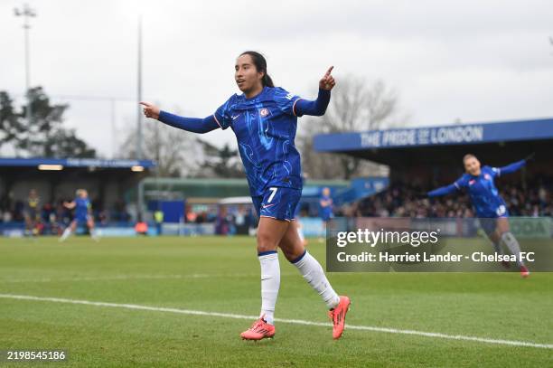 Mayra Ramirez of Chelsea celebrates after scoring her team's second goal during The Adobe Women's FA Cup Fifth Round match between Chelsea and...