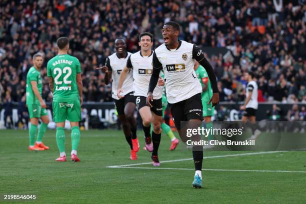 Cristhian Mosquera of Valencia CF celebrates scoring his team's first goal during the LaLiga match between Valencia CF and CD Leganes at Estadio...