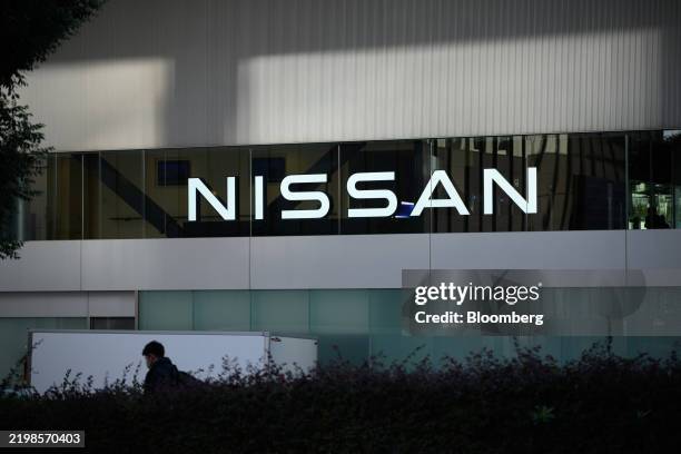 Signage at the Nissan Motor Co. Global headquarters in Yokohama, Japan, on Wednesday, Feb. 12, 2025. Hon Hai Precision Industry Co. Is open to buying...