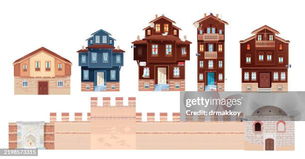 a historical neighborhood and historical walls in istanbul - grand bazaar stock illustrations