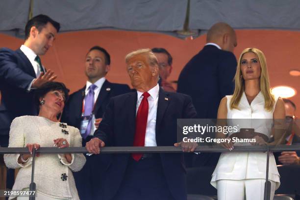 New Orleans Saints owner Gayle Benson, U.S. President Donald Trump, and Ivanka Trump look on during Super Bowl LIX at Caesars Superdome on February...
