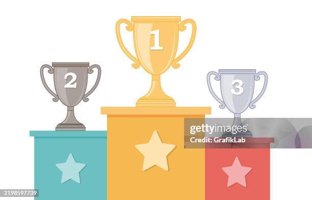 award-podium mit farbigen trophäen auf transparentem hintergrund - siegerpodest stock-grafiken, -clipart, -cartoons und -symbole