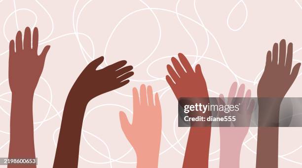 a group of diverse hands on a pastel background - hispanic community stock illustrations