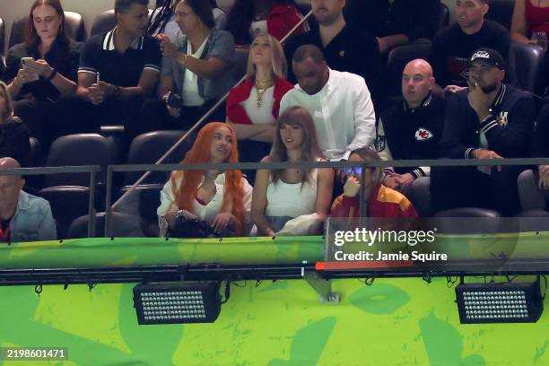 Ice Spice, Ashley Avignone, and Taylor Swift attend Super Bowl LIX at Caesars Superdome on February 09, 2025 in New Orleans, Louisiana.