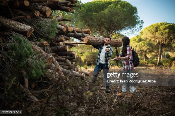 leñadores cargando troncos y ramas en el bosque - industria forestal fotografías e imágenes de stock