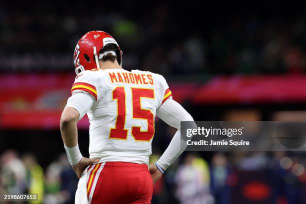Patrick Mahomes of the Kansas City Chiefs reacts in the second quarter against the Philadelphia Eagles during Super Bowl LIX at Caesars Superdome on...