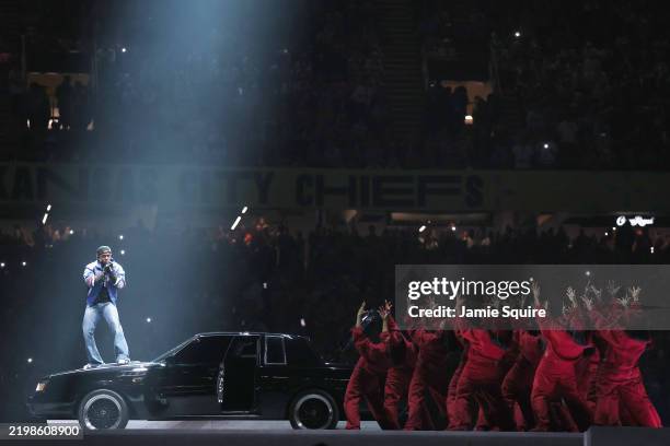 Kendrick Lamar performs onstage during Apple Music Super Bowl LIX Halftime Show at Caesars Superdome on February 09, 2025 in New Orleans, Louisiana.