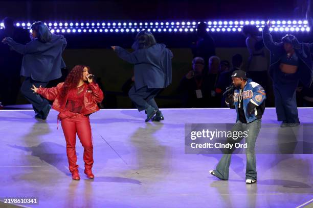 And Kendrick Lamar perform onstage during Apple Music Super Bowl LIX Halftime Show at Caesars Superdome on February 09, 2025 in New Orleans,...