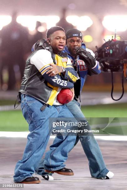 Mustard and Kendrick Lamar perform onstage during Apple Music Super Bowl LIX Halftime Show at Caesars Superdome on February 09, 2025 in New Orleans,...
