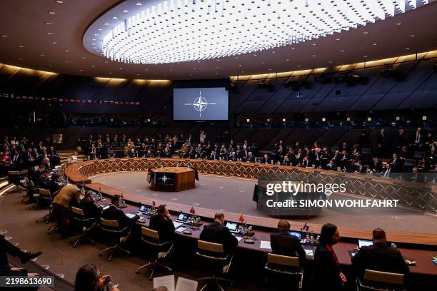 This photograph shows a general view of The North Atlantic Treaty Organisation Ministers of Defence meeting at NATO Headquarters in Brussels, on...