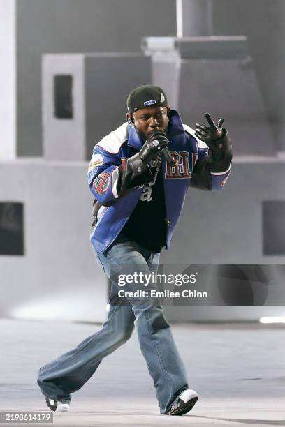 Kendrick Lamar performs onstage during Apple Music Super Bowl LIX Halftime Show at Caesars Superdome on February 09, 2025 in New Orleans, Louisiana.
