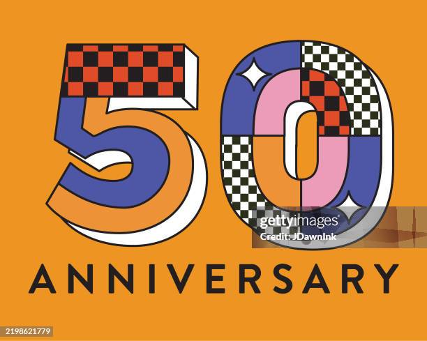 50-jähriges jubiläum des etiketts geometrisches 3d-y2k-typografie-design in mustern und leuchtenden farben - 50 jahrestag stock-grafiken, -clipart, -cartoons und -symbole