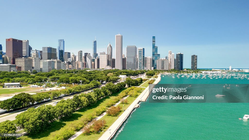 Breathtaking aerial perspective of Chicago skyline with shimmering lakefront