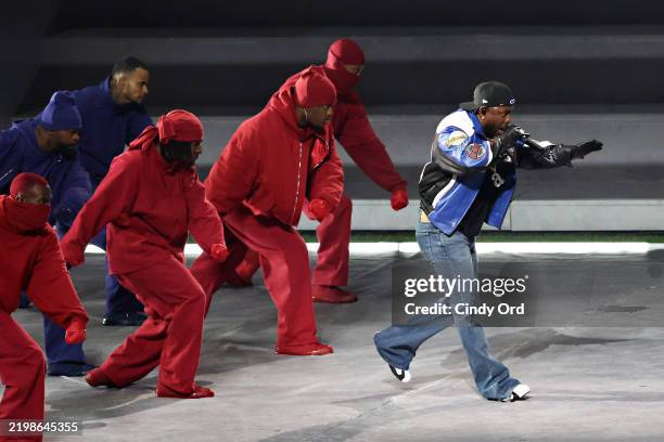 Kendrick Lamar performs onstage during Apple Music Super Bowl LIX Halftime Show at Caesars Superdome on February 09, 2025 in New Orleans, Louisiana.