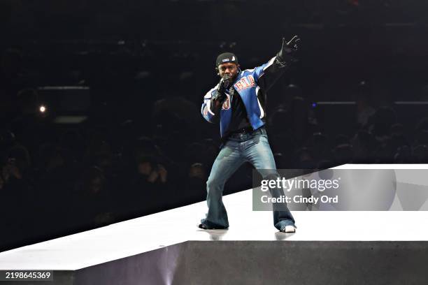 Kendrick Lamar performs onstage during Apple Music Super Bowl LIX Halftime Show at Caesars Superdome on February 09, 2025 in New Orleans, Louisiana.