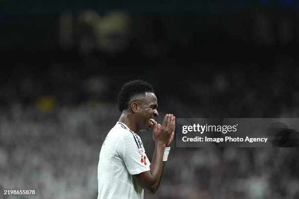 Vinicius Junior of Real Madrid disappointment during the La Liga match between Real Madrid CF and Atletico de Madrid at Estadio Santiago Bernabeu on...